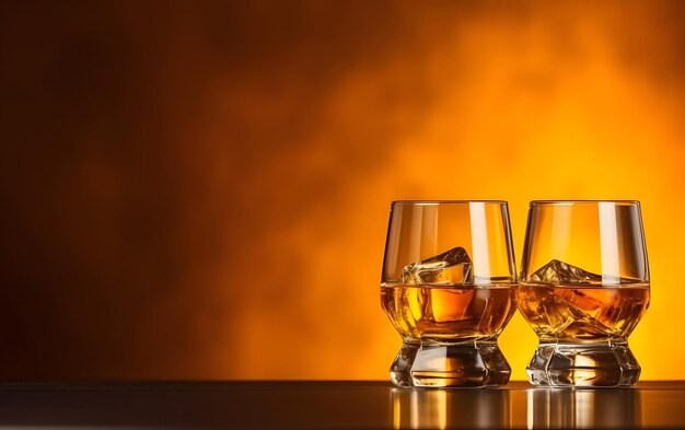 Tres vasos de whisky con cubitos de hielo sobre una mesa