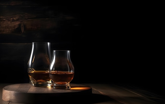 Tres vasos de whisky escocés, uno de los cuales se llena con un whisky escocés de malta.