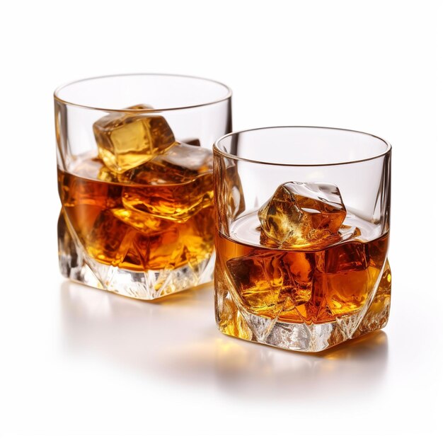 tres vasos de whisky sentados uno al lado del otro con cubos de hielo en ellos.