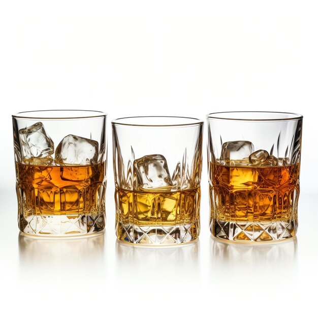 Tres vasos de whisky sobre un fondo blanco