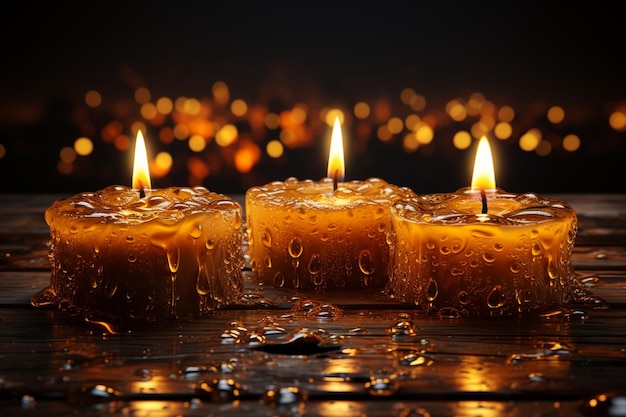 Três velas acesas, seu brilho contrastando ousadamente com a escuridão circundante