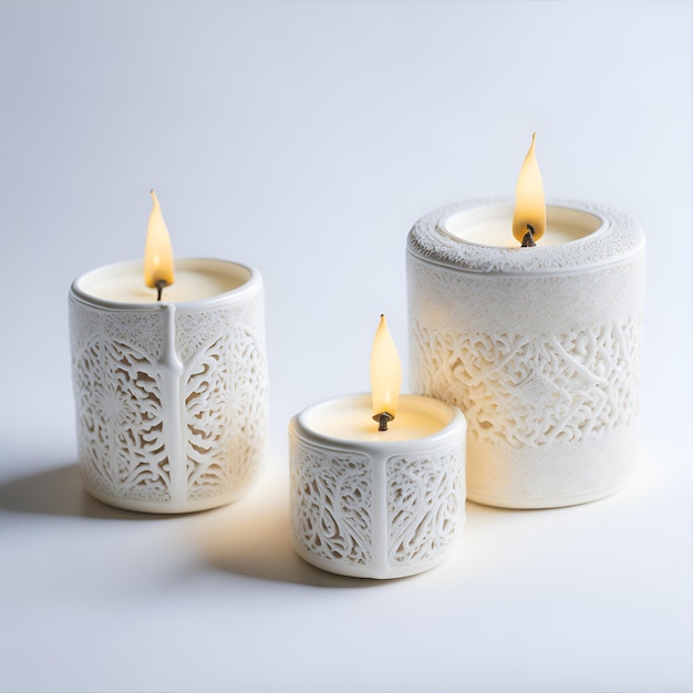 Três velas de cera em um fundo branco com reflexão e copyspace