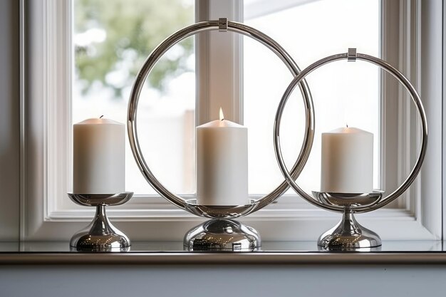 Tres velas en un puesto de plata frente a una ventana