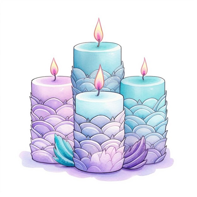 Foto tres velas con velas púrpuras y azules sentadas una encima de la otra