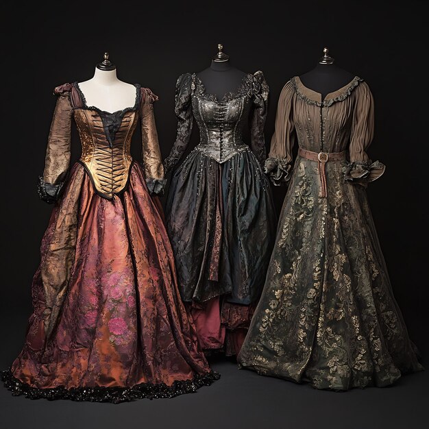 Tres vestidos de la era victoriana en un estudio oscuro Imagen Premium generada con IA