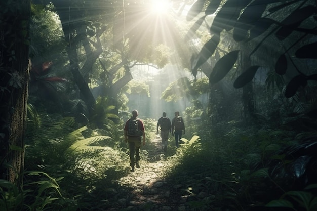 Tres viajeros irreconocibles con mochila en la selva verde