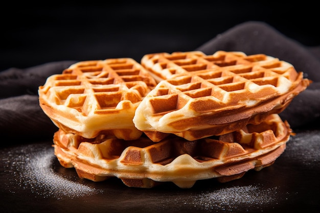 Três waffles de açúcar empilhados em uma superfície preta