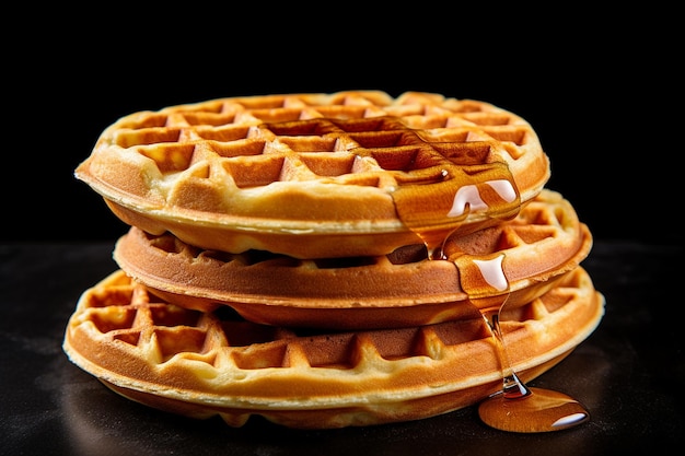 Três waffles de açúcar empilhados em uma superfície preta