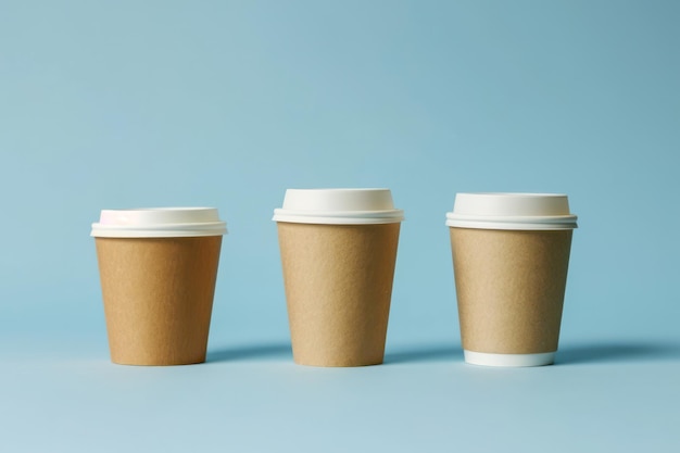Três xícaras de café para viagem em branco com tampas pastel sobre uma superfície azul
