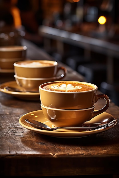Três xícaras de cerâmica marrom de café em uma mesa de madeira