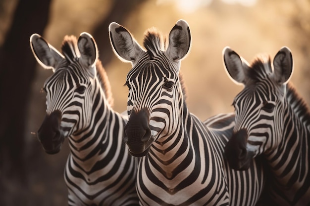 Três zebras estão em fila, uma delas está olhando para a câmera.