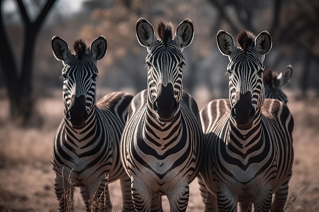 Três zebras estão em fila, uma delas tem um grande nariz preto.