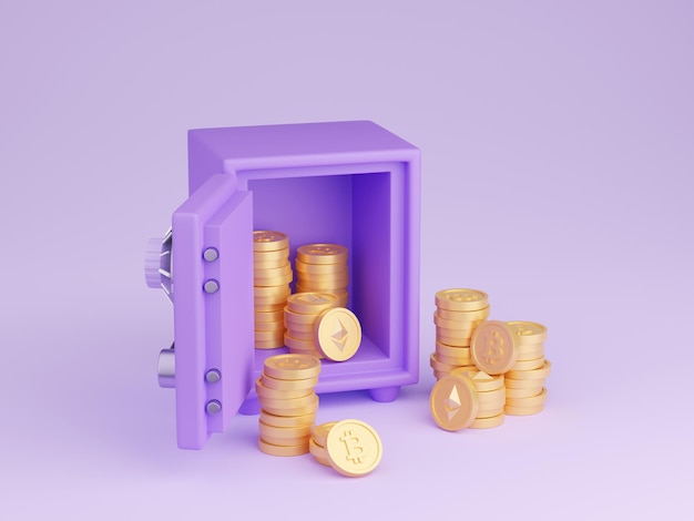 Tresor mit Kryptowährungsgeld 3D-Render Offener violetter Tresor, gefüllt und umgeben von Goldbitcoin und Ethereum