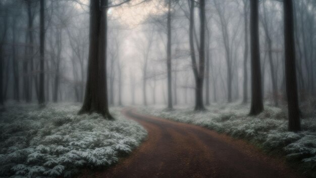 Treten Sie in eine märchenhafte Welt ein, in der ein sanfter Schneefall einen ruhigen Wald bedeckt und eine etherische Atmosphäre erzeugt.