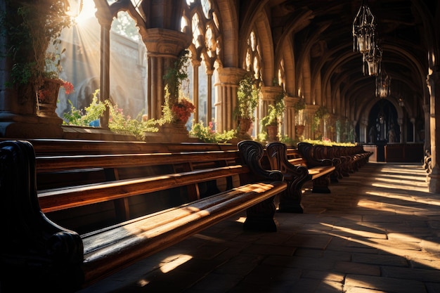 Treu in der Hingabe farbenfrohe Buntglas und Altar geschmückt in einer historischen Kirche generative IA