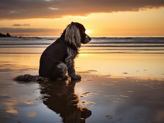 Treuer Hund starrt auf den Sonnenuntergang an einem Sandstrand