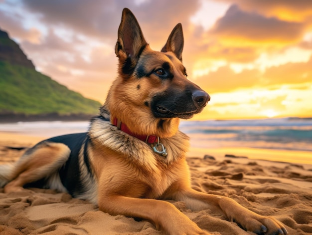 Treuer Hund starrt auf den Sonnenuntergang an einem Sandstrand
