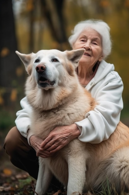 Treues Hundeporträt und ältere Frau in der Natur mit Lächeln im Gesicht