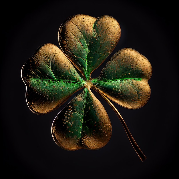 Trevo de quatro folhas coberto de ouro isolado em close-up preto, trazendo boa sorte talismã, símbolo