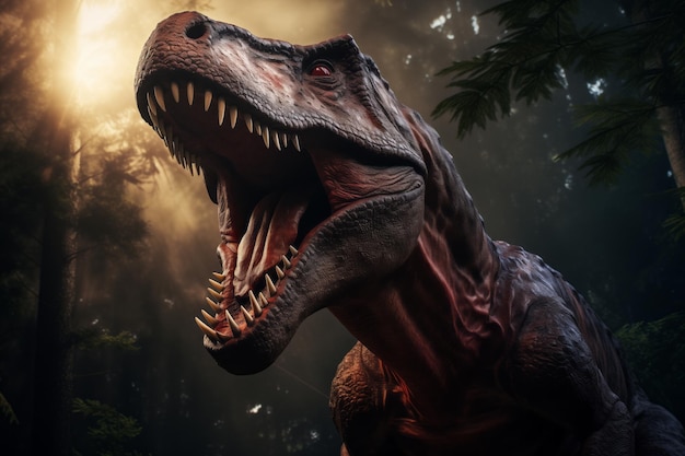 TRex en el bosque oscuro Dinosaurio de primer plano con boca abierta y colmillos visibles Escena prehistórica en rojo