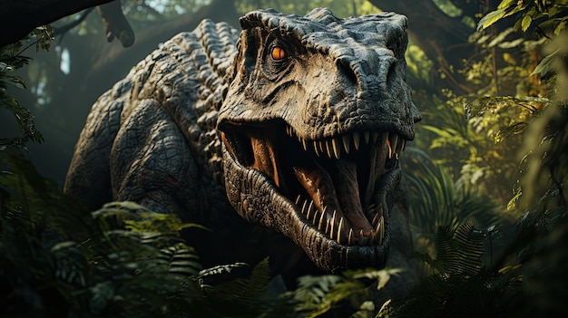 TRex realista en medio de una jungla prehistórica con detalles realistas.