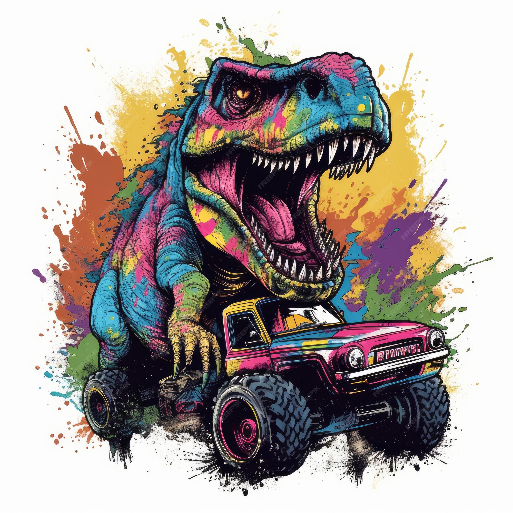 t-rex equitação em caminhão , desenho animado dinossauro personagens  dirigindo . ai gerado 23657736 PNG