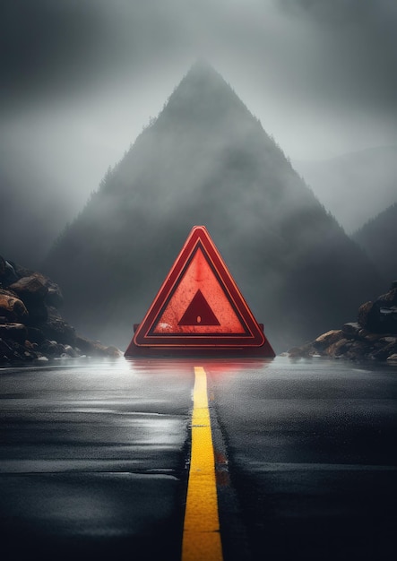 Foto el triángulo de advertencia roja está en la carretera mojada mientras el mal tiempo accidente automovilístico generativo ai