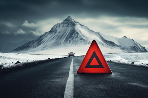El triángulo de advertencia roja está en la carretera mojada mientras el mal tiempo accidente automovilístico generativo Ai