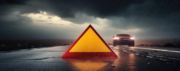 Triángulo de advertencia roja está en carretera mojada mientras que el mal tiempo cartel de accidente automovilístico Generative Ai