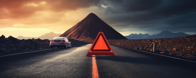 Triángulo de advertencia roja está en carretera mojada mientras que el mal tiempo cartel de accidente automovilístico Generative Ai