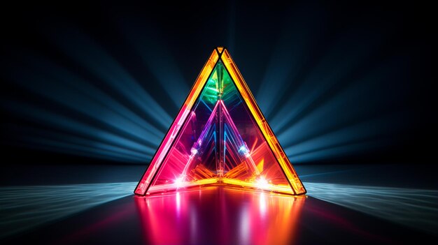 triângulo brilhante de néon com luzes fluorescentes em um fundo preto de madeira