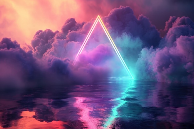 Triângulo de néon brilhante de cor arco-íris na nuvem Ai generativo