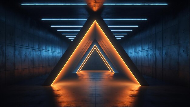 Triângulo em forma de flecha de néon com laser de néon azul laranja