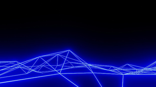 Triángulo de estructura alámbrica azul de bajo nivel de representación 3D sobre fondo negro, alojamiento, Internet, servidores web, datos