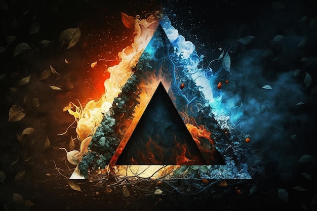 Un triángulo negro con un triángulo azul en el centro y fuego en la parte inferior.