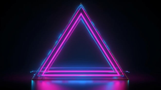 Un triángulo de neón azul y rosa está iluminado en una habitación oscura.