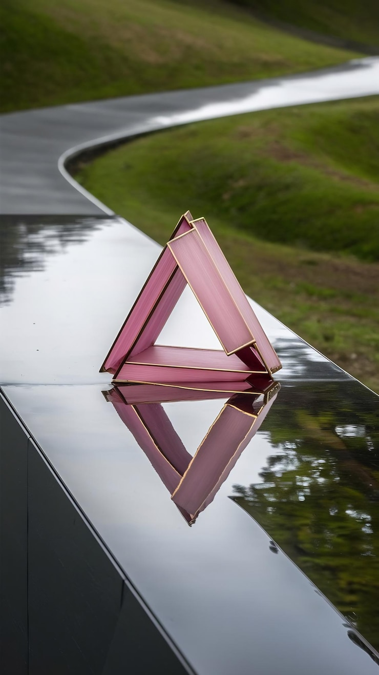 Foto un triángulo rosa y dorado está en una superficie reflectante