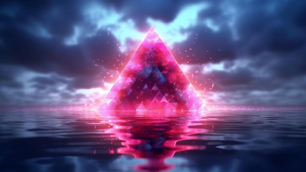 Un triángulo rosa flotando sobre una superficie de agua azul