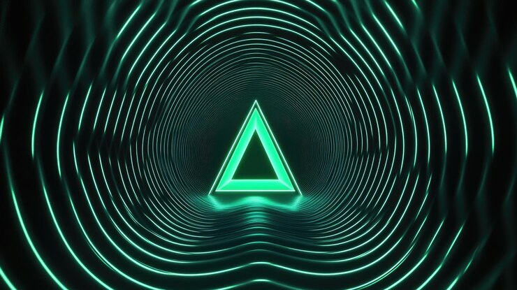 Triángulo verde neón brillante con círculos radiantes en un fondo oscuro Ilusión óptica hipnótica