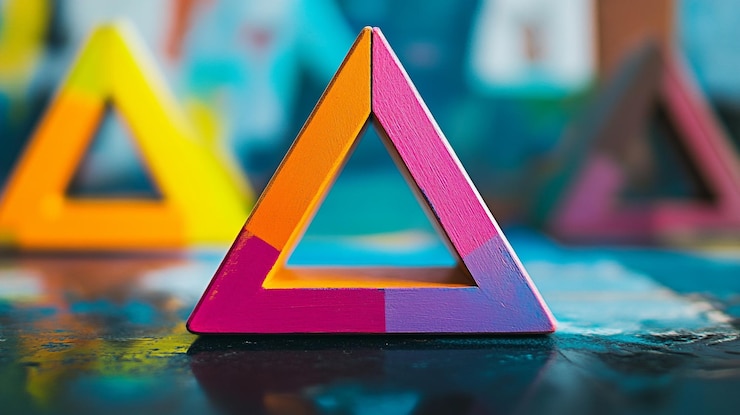 Foto triángulos de madera de colores dispuestos artísticamente en una superficie vibrante que muestra una geometría lúdica
