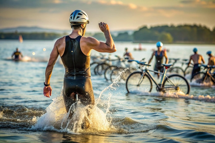 Foto triathlon ein athlet wechselt vom schwimmen zum radfahren, das aus dem wasser auftaucht und schnell