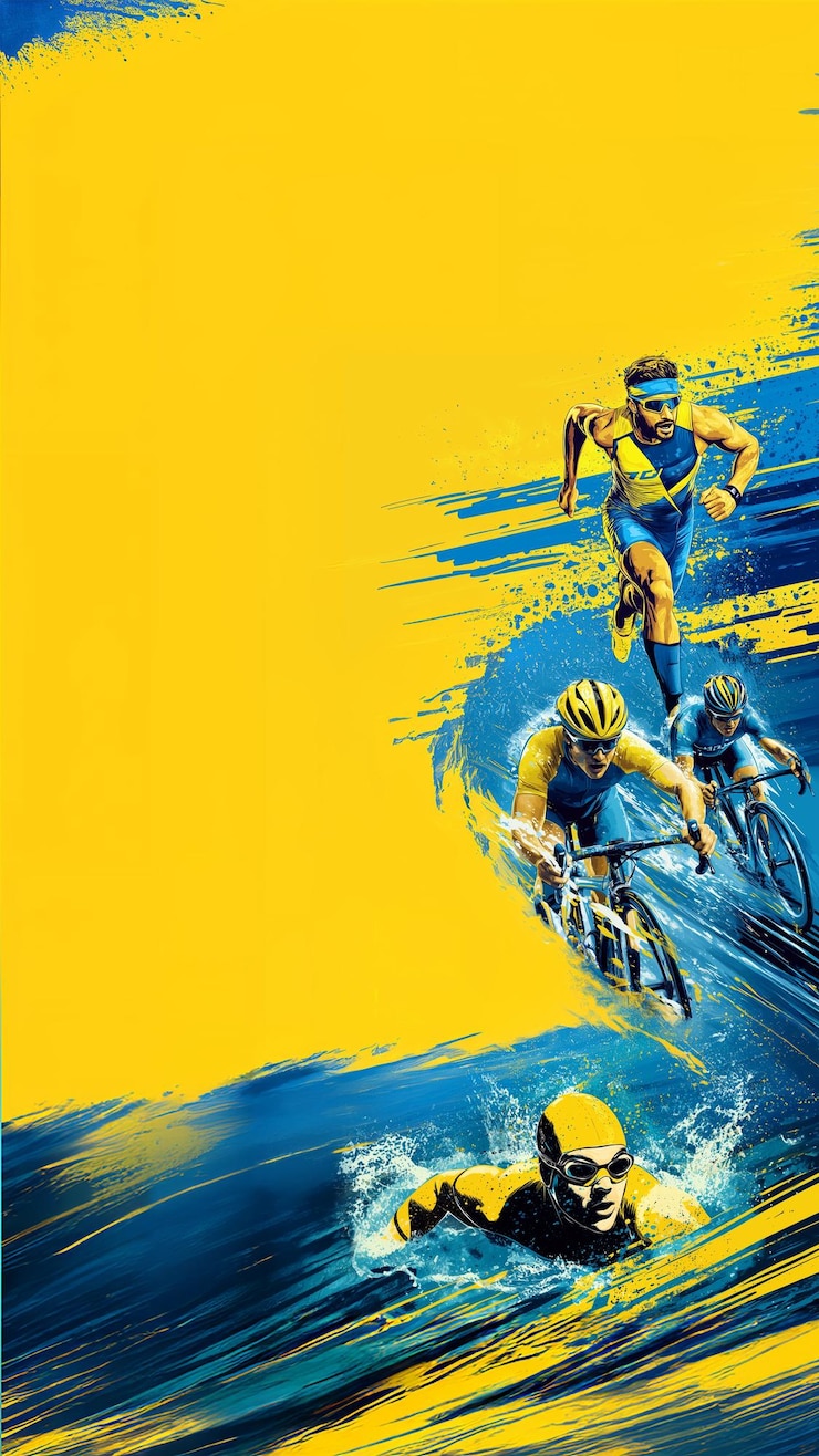 Foto triathlon-poster-design 3 männliche athleten laufen schwimmen radfahren blaue und gelbe farben