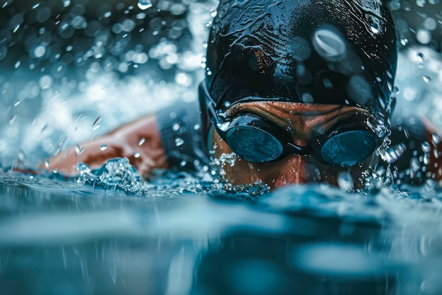 Foto triatleta decidido desafiando la lluvia durante el entrenamiento de natación