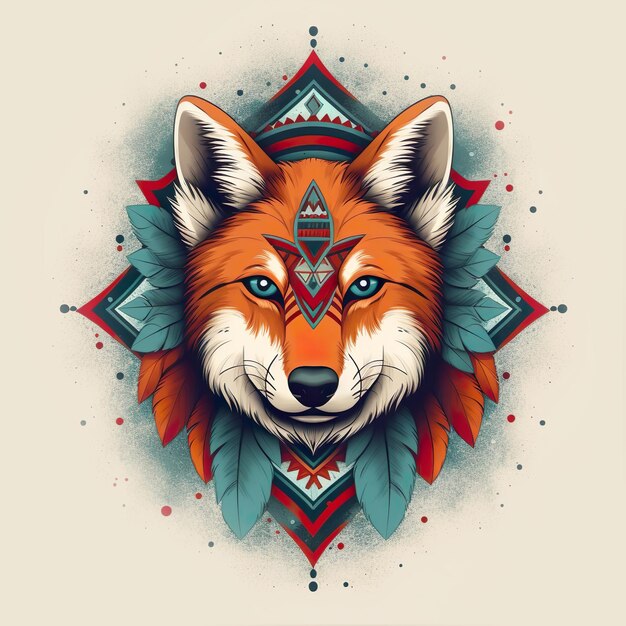 Tribal Fox mit roten und blauen Federn Ethnische Fuchs-Illustration Generative KI