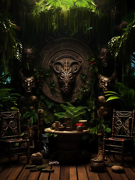 Tribal Jungle Vine Covered Hut Tribal Stool Tribal Masks Big Creative Design Live Stream Background