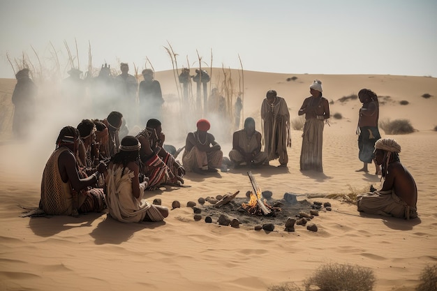 Tribo nômade realizando dança ritualística no deserto criada com ai generativa