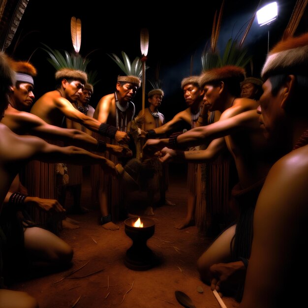 Una tribu indígena realiza una danza ritual alrededor del fuego