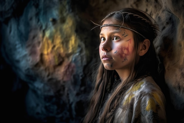 Tribu niña neandertal en una cueva con la cara pintada niños primitivos en ropa étnica tribal Generar ai