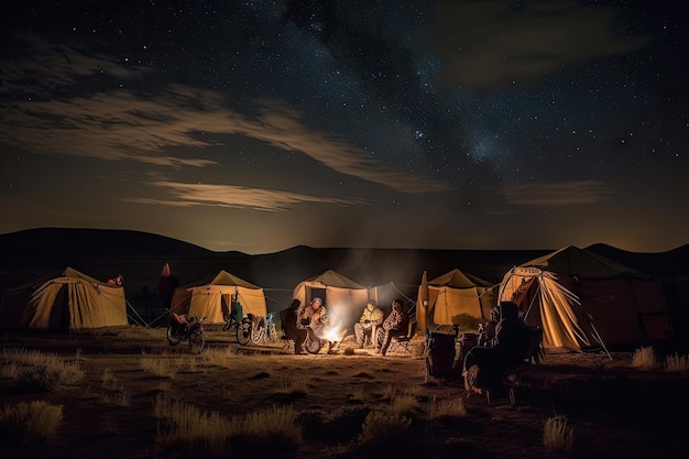 Tribu nómada que se detiene por la noche para establecer un campamento bajo el cielo estrellado creado con ai generativo