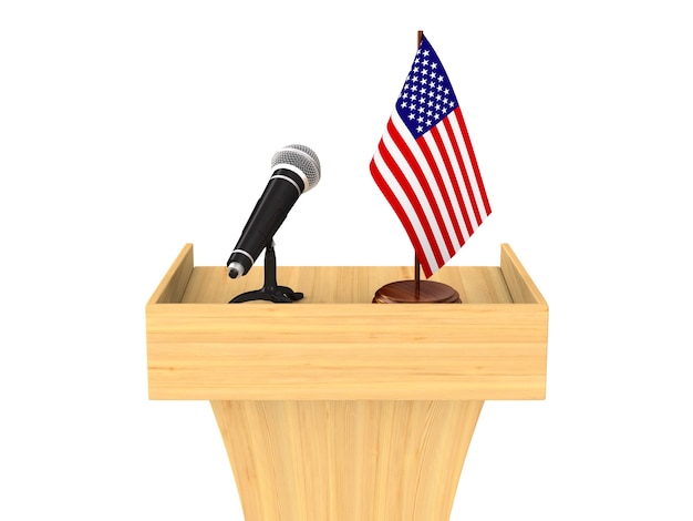 Tribuna com microfone e bandeira americana em branco.